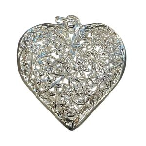 Silver Heart Pendant 3D Filigree Floral Puffy Heart Silver Tone